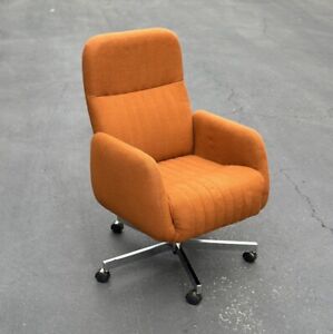 Orange Swivel Chrome Mid Century Modern Upholstered Office Chair Casters Vintage