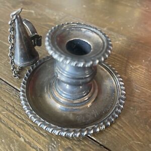 Antique Rare 18thc English Georgian Sterling Silver Chamber Stick With Snuffer