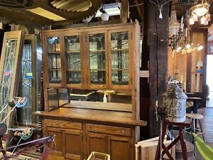 Vintage Oak Built In China Cabinet Hutch With Wheel Cut Glass Doors
