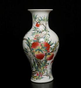 36cm Qianlong Signed Antique Chinese Famille Rose Vase W Peach