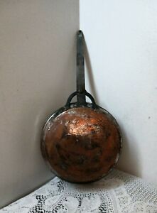 Antique Primitive Copper Pot Skillet W Iron Handle Hangs