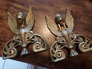 Vintage Pair Brass Fireplace Andirons Griffin Gargoyle Ornate Decor