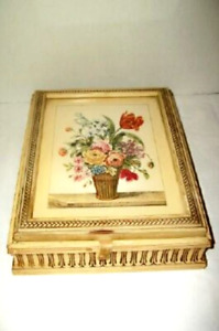 Antique 1930s Wood Dresser Box Flower Basket Print Mirror Creamy Chippy Art Deco