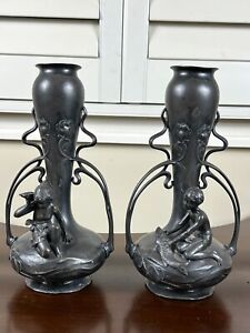 Very Rare Pair Of Wmf Silver Plate Art Nouveau Vases Girl W Shell Boy W Fish