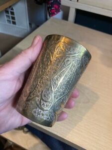Persian Islamic Middle Eastern Calligraphy Style Brass Cup 9 6cm