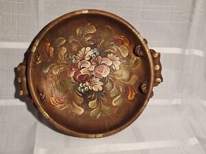 Vintage Primitive Hand Painted Floral Wood Bowl W Handles Beautifuly Detailed