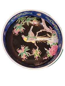 Antique Chinese Famille Noir Bowl Birds Flowers Blue Trim 7 1 4 