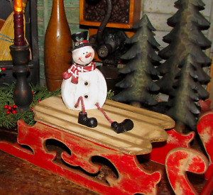 Primitive Vtg Wood Carved Style Resin Christmas Snowman Hat Scarf Shelf Sitter
