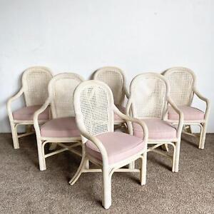 Boho Chic Twisted Pencil Reed Cane Back Dining Arm Chairs With Pink Cushions