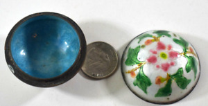 Antique Chinese Cloisonne Round Box Brass Colorful Lovely Blue Inside 10