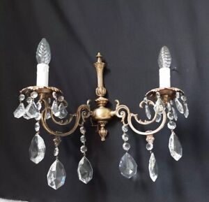 Vintage Antique Pair Large Of French Brass Crystal 2 Light Sconces Wall Lights