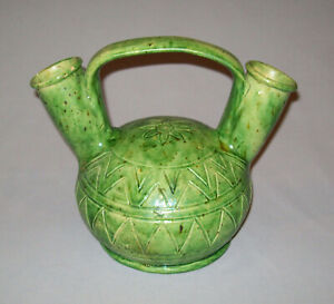 Vtg Yellow Ware Pottery Harvest Jug With Green Glaze Hand Made Incised Designs