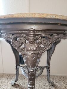 Antique English Victorian Cast Iron Round Marble Top Pub Table