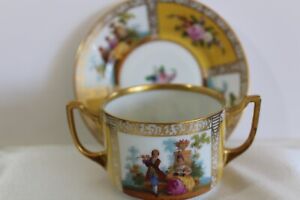 Rare Beautiful Dresden Bouillon Cup Saucer Antique