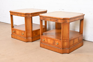 Baker Furniture Regency Flame Mahogany Leather Top Nightstands Or End Tables