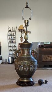 Antique Huge Cloisonne Champleve Dragon Ear Agate Bronze Vase Lamp Home Office