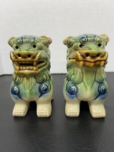 Vtg Pair Chinese Fu Foo Dogs Guardian Lions Glazed Ceramic Figurines Blue Green