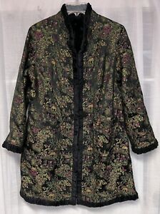 Rare Vintage Asian Hand Embroidered Quilted Silk Faux Fur Lined Kimono Small