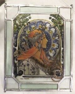  Vtg Repo Alphonse Mucha Zodiac Woman Art Nouveau Stained Glass Panel Signed 