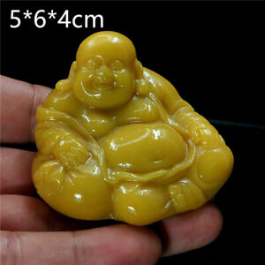 Natural Yellow Jade Happy Buddha Statue Car Desktop Ornaments Chinese Antiques