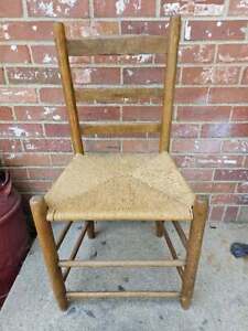 Antique Amish Shaker Chair Hickory Ladder Back Rush Woven Seat 2