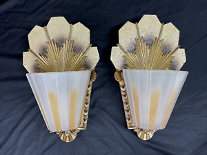 Rewired Antique Vtg Pair Art Deco Wall Sconces Slip Shade Glass 1920s 1930s 40s