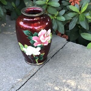 Japanese Small Cloisonne Pigeon Blood Red Ginbari Red Foil Rose Floral Vase