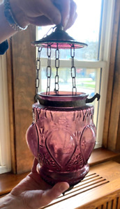 Victorian Hanging Hall Light Lamp Bulbous Amethyst Circa 1890s Not Electrified