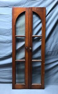 Pair Antique 3 Lite Arched Glass Cabinet Cupboard Window Doors Vtg 9x44 911 22b