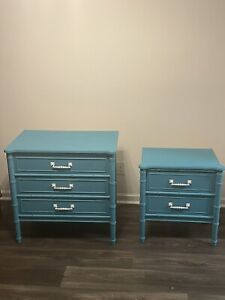 1970s Hollywood Regency Faux Bamboo Nightstands In Blue Newly Painted