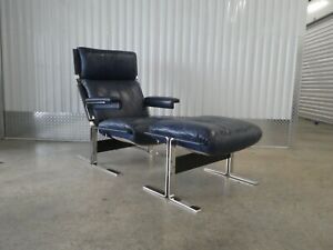 70 S Saporiti Leather Chrome And Steel Lounge Chair And Ottoman