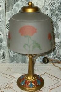 Art Deco Ornate Polychrome Metal Reverse Painted Glass Shade Cloth Cord 1920s