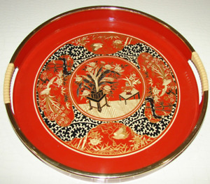 Vintage Asian Cost Plus Japan Round Tray W Handles Red Lacquerware 12 Diameter