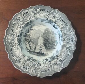 Antique Fountain Black Staffordshire Transfer Soup Plate Enoch Woods 19th C