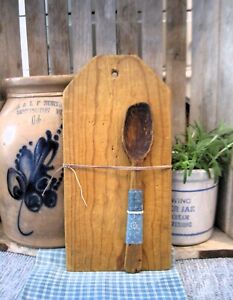 Small Antique Wood Tombstone Bread Cutting Board Old Spoon 1890s Blue Calico