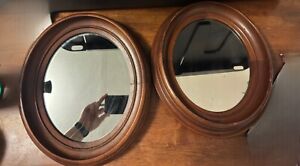 Pair Of Vintage Wooden Wall Oval Mirror Deep Recess Frames Victorian Oak 
