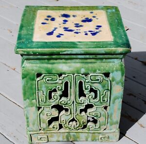 Vintage Chinese Garden Seat Multi Color Glazed Reticulated Stoneware Pottery 