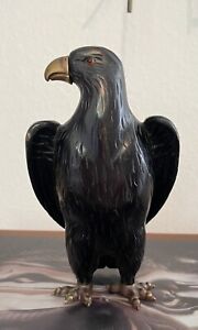 Antique Ebonized Carved Wood Eagle W Brass Details Glass Eyes Claw Feet