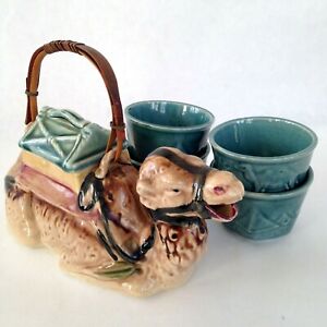 Antique Egyptian Revival Ceramic Camel Teapot And Four Tea Cups Made In Japan