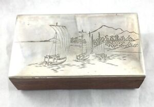 Japanese 970 Sterling Silver Top With Scenic Top W Wood Bottom Box