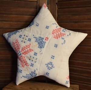 Quilt Star Embroidered Red White Blue Cupboard Tuck 11 Across Primitive