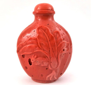 Antique Chinese Red Coral Snuff Bottle With Rabbit Foliage Motif