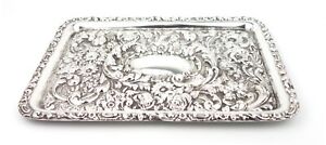 Antique Edwardian Sterling Silver Dressing Table Tray Floral Spray Repousse 1902