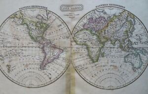 World Map In Double Hemispheres Australia 1824 Cummings Hilliard Scarce Map