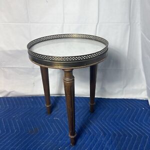 Vintage French Marble Top Table Brass Filigree 3 Wood Legs Round Side Table