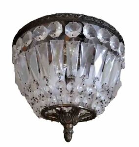 Vintage French Flush Mount Crystal Basket Chandelier Ceiling Light Brass 10 A4