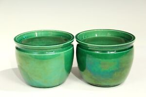 Pair Antique Awaji Pottery Porcelain Planter Bowls Jardinieres Organic Green