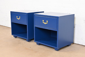 Henredon Mid Century Hollywood Regency Campaign Blue Lacquered Nightstands