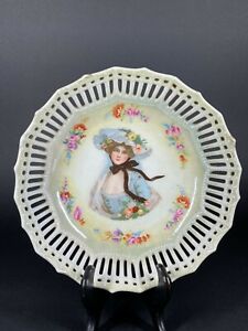 Antique German Reticulated Lustre Porcelain Bowl Rs Prussia Style Lady Portrait