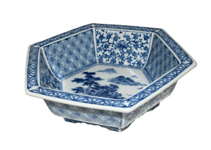 Japanese Blue And White Marked Hexagon Bowl 9 5 Inches Trees Clouds Mountains